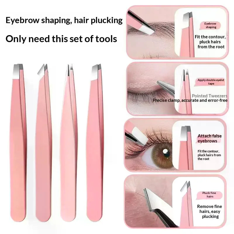 4 Pcs Stainless Steel Eyebrow Clip Tweezers Set Eyebrow Tweezers Eyebrow Trimming Set Beauty And Grooming Tools With Mirror Case