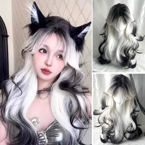 Gray-black Gradient Synthetic Wig Female Twilight Elf Gothic Lolita Wool Curly Long Hair With Bangs Christmas Cosplay Wig