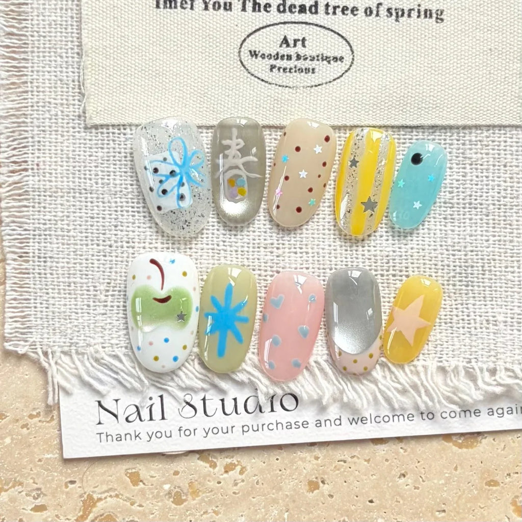 10PCS Ins Blue Short Oval False Nails Retro Hand-drawn Brown Polka Dot Bow French Press on Nails Full Cover Detachable Manicure