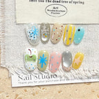10PCS Ins Blue Short Oval False Nails Retro Hand-drawn Brown Polka Dot Bow French Press on Nails Full Cover Detachable Manicure