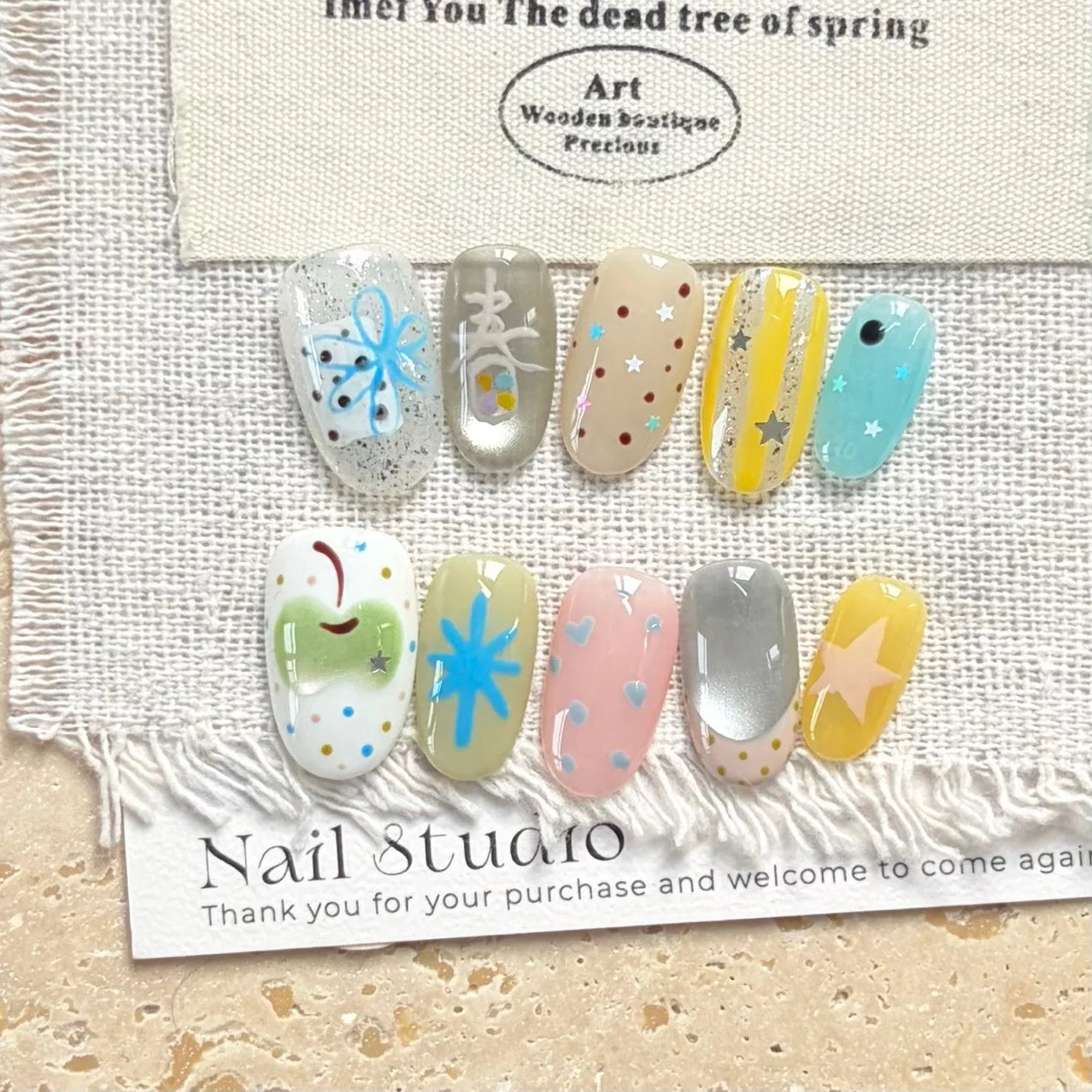 10PCS Ins Blue Short Oval False Nails Retro Hand-drawn Brown Polka Dot Bow French Press on Nails Full Cover Detachable Manicure