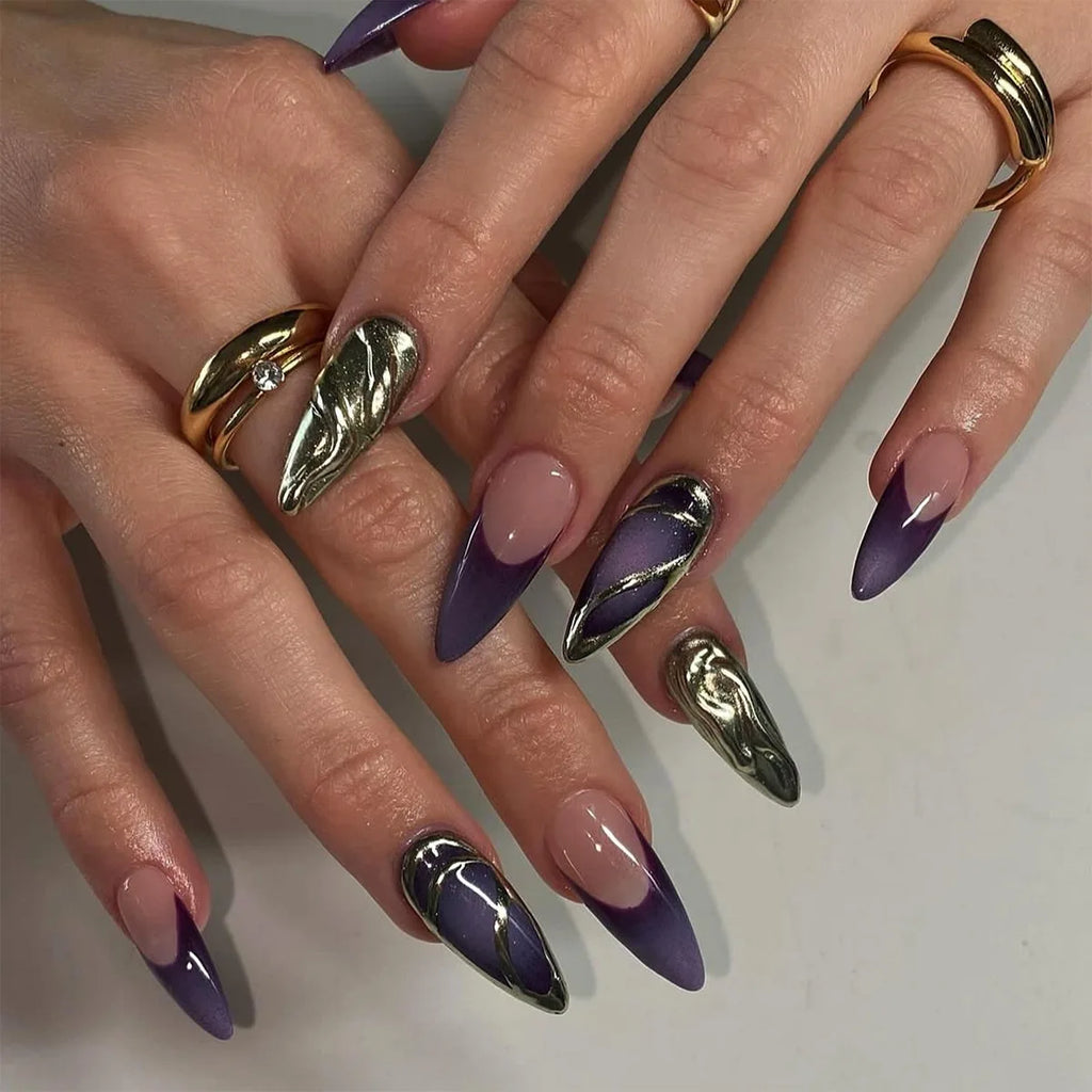 24pcs Sliver Spider Design Fake Nail Halloween Gothic Punk False Nail Tips Wearable European Heavy Metal Almond Press on Nails