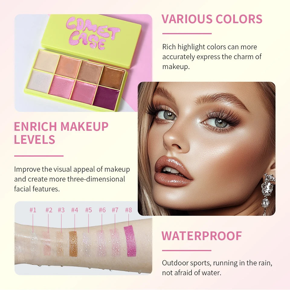 8 Colors Cream Highlighter Palette for Highlight Face Brighten Highlighter Blush Shimmer Waterproof Makeup Tool Cosmetics