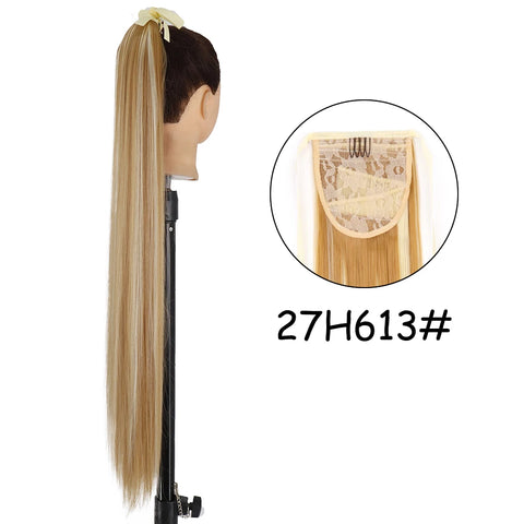 34inches Synthetic Ponytail Hair Extension Clip in Fake Wig Hairpiece Blonde Wrap Around Pigtail Long Smooth Overhead Pony Tail