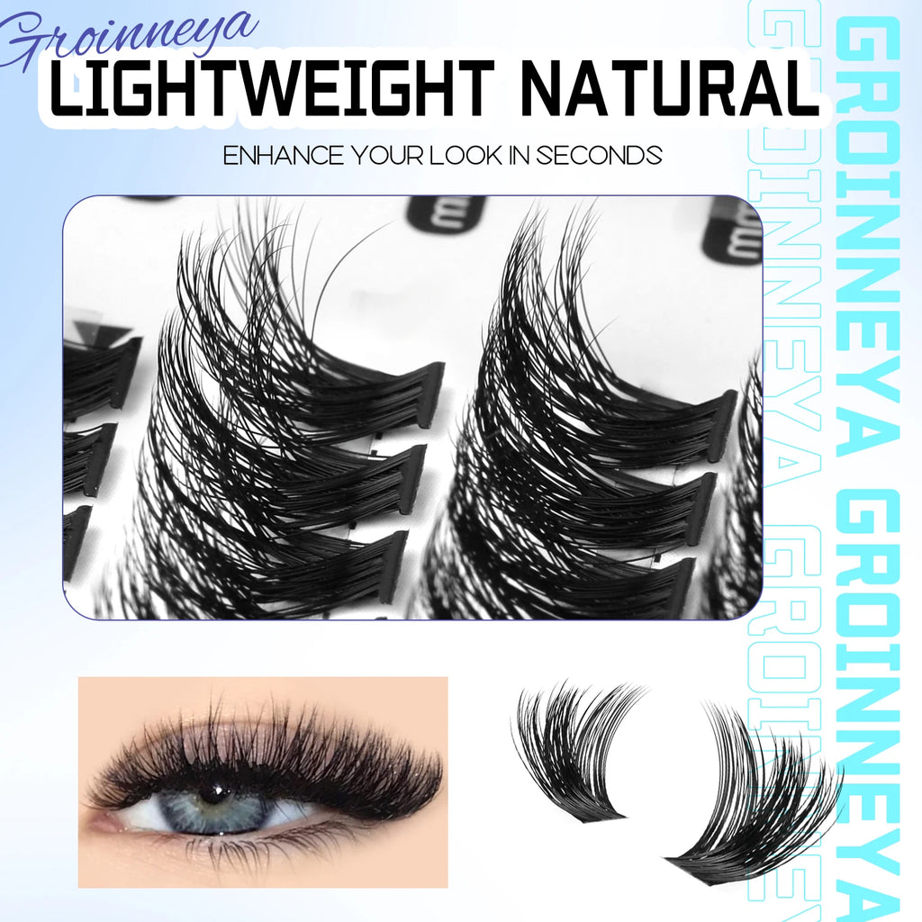 GROINNEYA DIY Lash Clusters Set Mixed Tray Lashes Kit Fluffy Individual Lashes Extension With Lash Bond and Seal Makeup