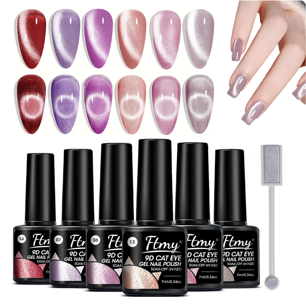 6 Colors Cat'S Eye Magnetic Nail Gel Set, Semi-Permanent UV LED Soak Off Nail Art, Smooth Intense Pigmentation, Odorless, Toxin-