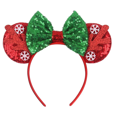 2023 Disney Christmas Mickey Ears Headband For Girls Sequins Bow Festivall Party Hairband DIY Hair Accessories