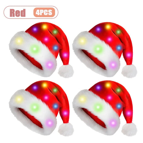 1-4PCS Adult Kid LED Christmas Hat Red Velvet Santa Hat Holiday Headpiece for Home Decoration for Xmas and New Year Celebrations