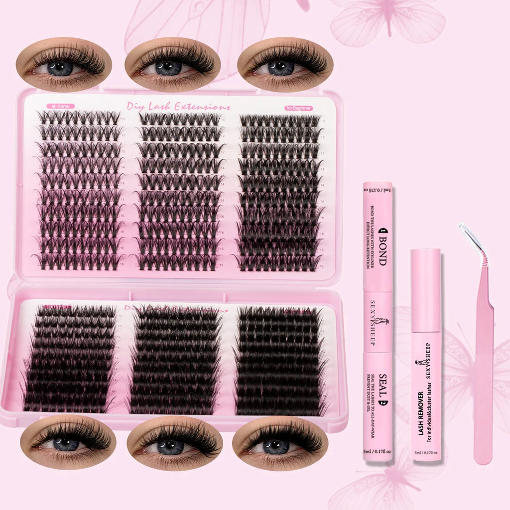 DIY Individual Eyelash Kit Volume Lash Clusters D Curl Soft Natural Lashes Extension with Bond and Seal Tweezers Festival Gift