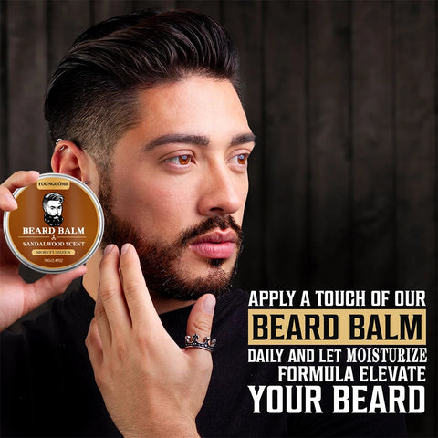 Organic Beard Growth Oil & Sandalwood Balm 1/2/4 Set-24H Nourishing, No Flakes, Men's Grooming Kit with Argan Oil & Vitamin E