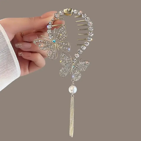 Flower Tassel Hair Clip Women Ladies Butterfly Rhinestone Pearl Metal Hair Claw Round Bun Ponytail Holder Hair Accessories