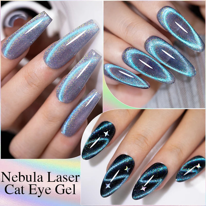 PUENTE 7.5ML Blue Laser Cat Magnetic Gel Nail Polish Sparkling Holographic Rainbow Cat Eye Gel Soak Off UV/LED Nail Art Varnish