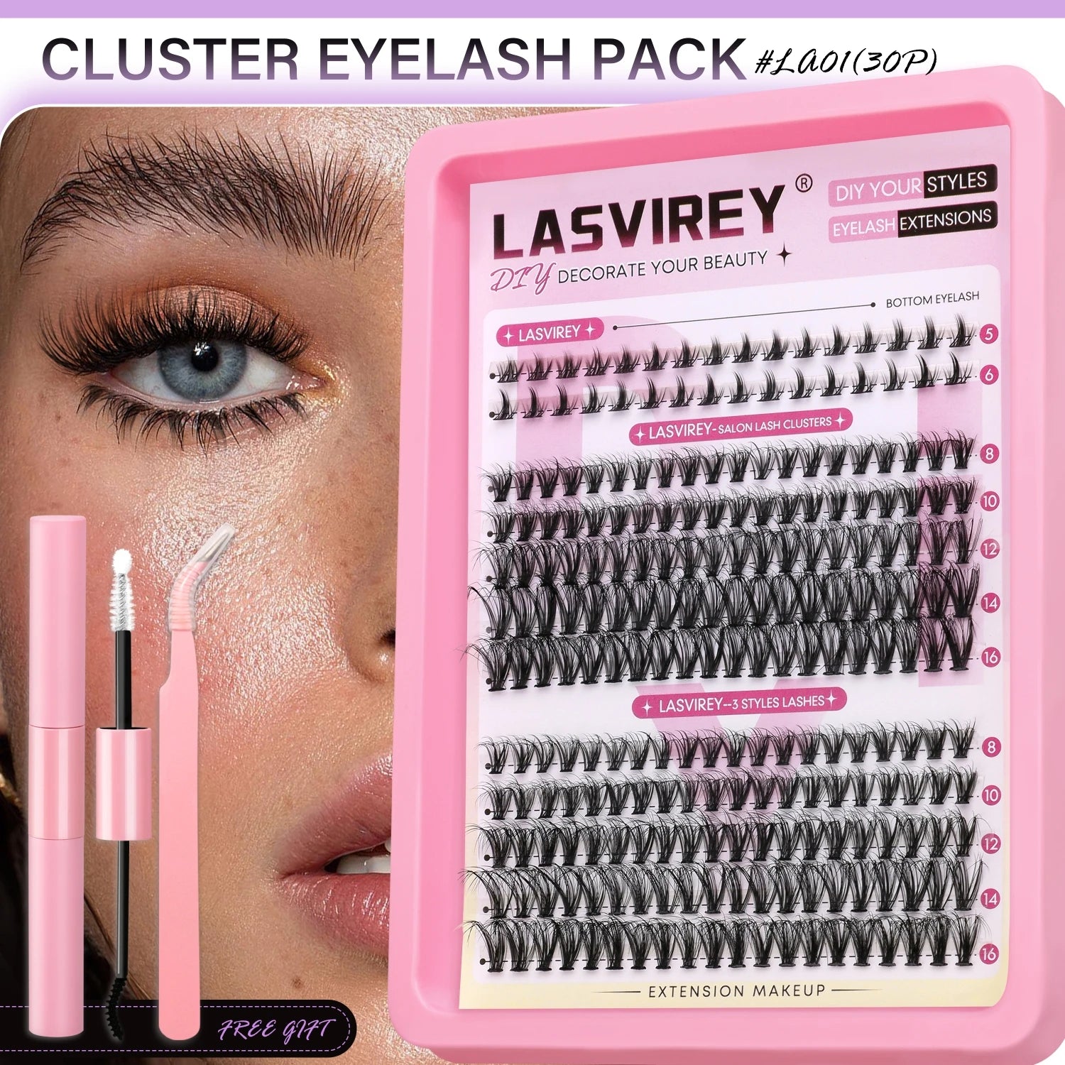 Lasvirey DIY Lashes Kit Fluffy Lash Clusters Kit Mixed Individual Eyelashes with Bottom Lashes Extension Cluster Lashes Makeup