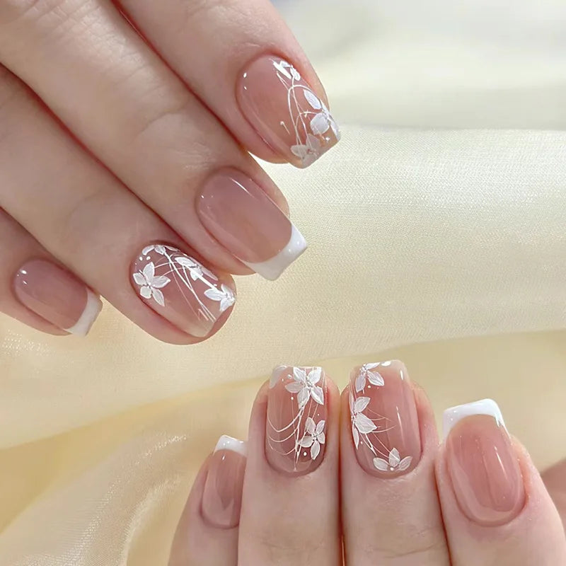 24pcs Brown French Leopard Print Press On Nails Stereo Pink Flower Designs Autumn False Nails Sweet Cool Almond Fake Nail Tips