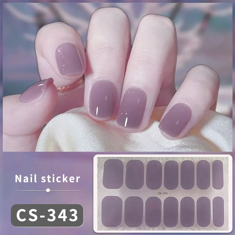Pink Glitter Design Baking-free Nail Stickers French Style Solid Color Adhesive Full Cover Nail Strip Slider DIY Manicure Decals