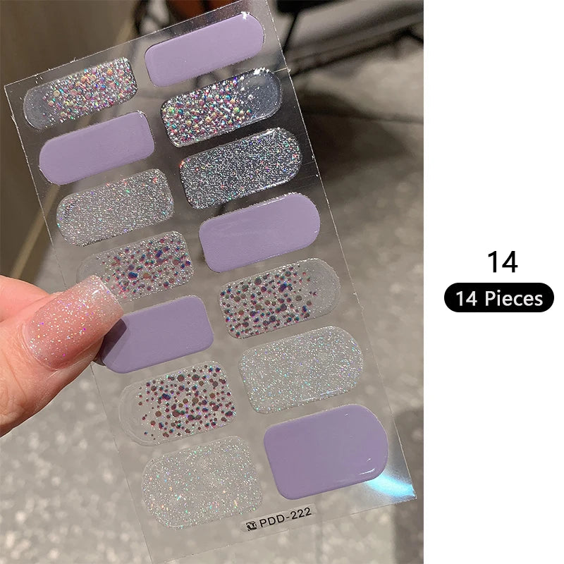 Pink Glitter Design Baking-free Nail Stickers French Style Solid Color Adhesive Full Cover Nail Strip Slider DIY Manicure Decals