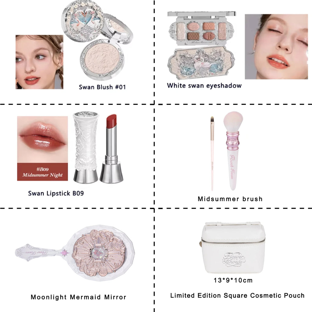 Flower Knows Swan Ballet Collection 6 Color Palette Embossed Blush Shine Lipstick Fairy Tale Ballet Makeup Gift Set