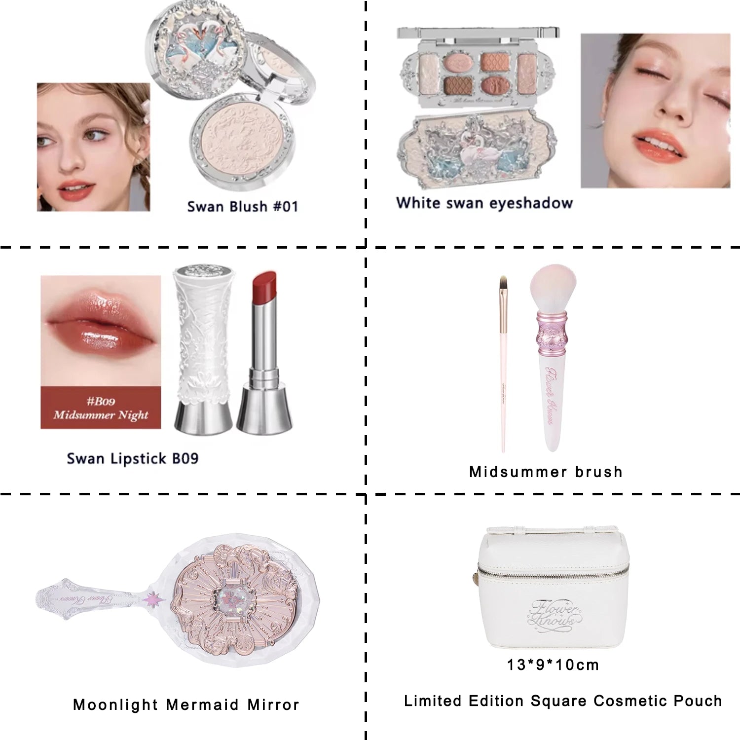 Flower Knows Swan Ballet Collection 6 Color Palette Embossed Blush Shine Lipstick Fairy Tale Ballet Makeup Gift Set