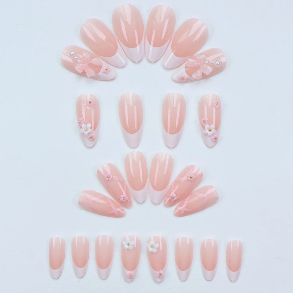 ARTAUG 96PCS Pressed French Almond False Nails With 3d Bow Pearl And Flower Designs, Reusable Acrylic False Nails
