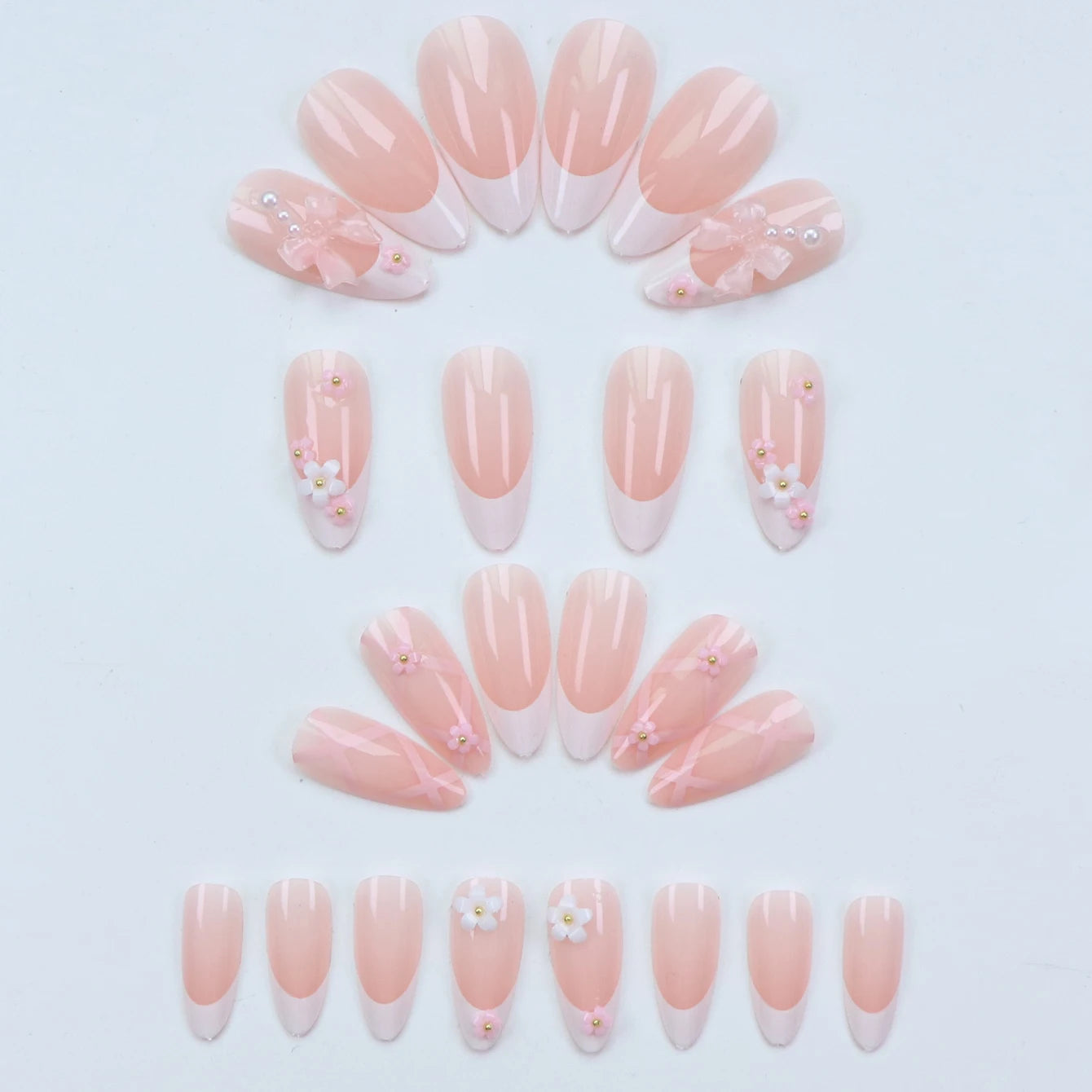 ARTAUG 96PCS Pressed French Almond False Nails With 3d Bow Pearl And Flower Designs, Reusable Acrylic False Nails