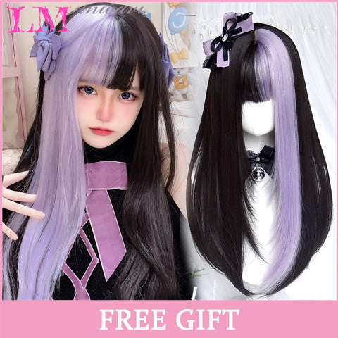 LM Synthetic Hair Long Wave Black And Pink Lolita Wigs For Women Cosplay Wig With Bangs Halloween Christmas Heat Resistant