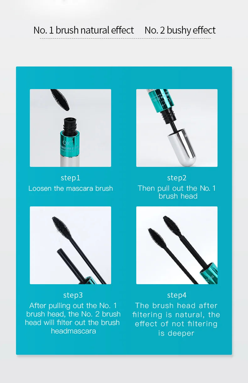 QIC Double Effect 4D Mascara Waterproof Long Curl Natural Thick Eyelash 2-in-1 Black Mascara with 2 Brush Heads