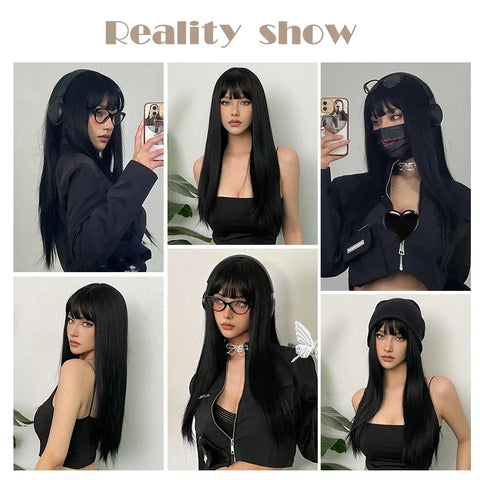 Synthetic Long Silky Straight Wigs with Bangs Black Cosplay Party Lolita Hair Wigs for Women Natural Heat Resistant Wig