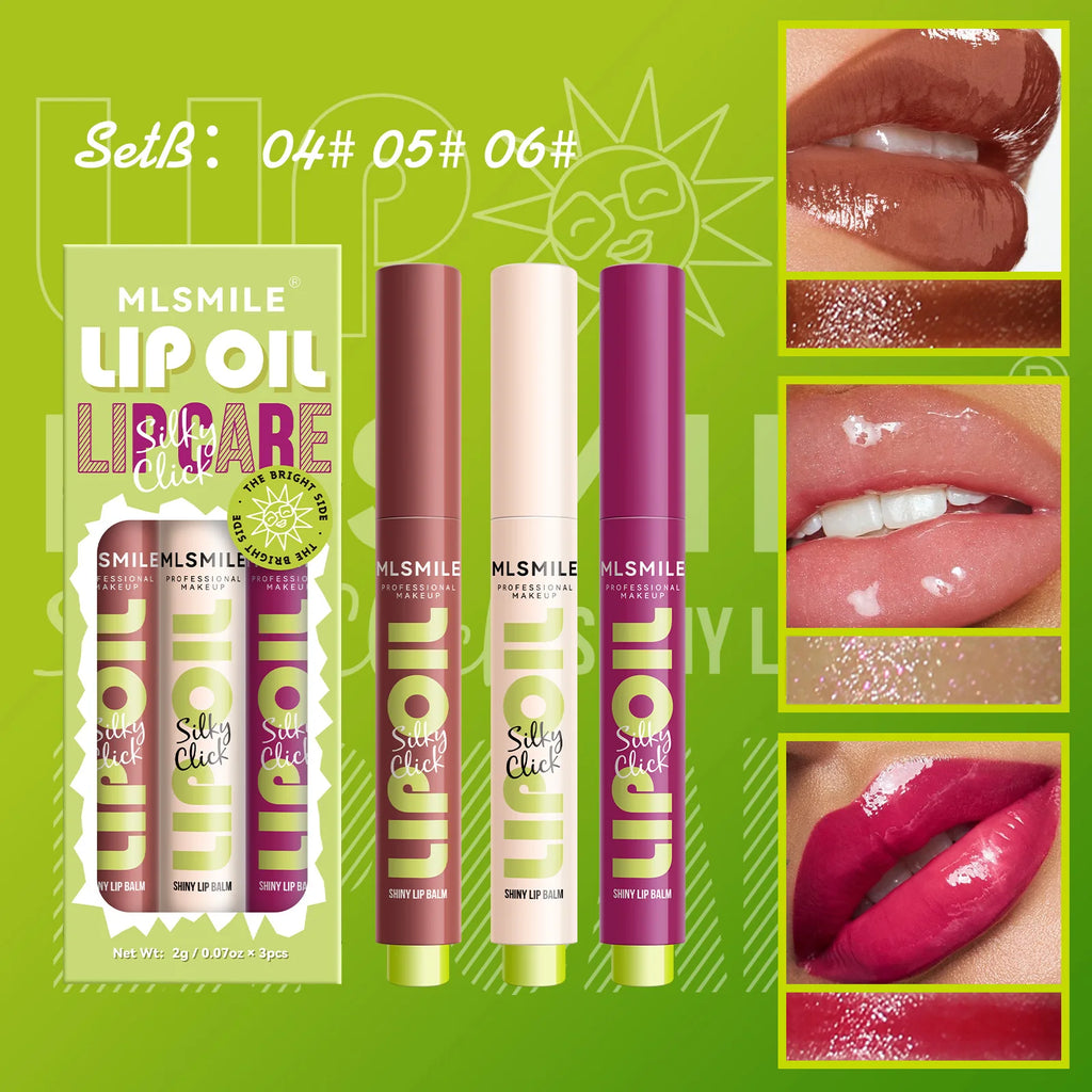 MLSMILE 3pcs/set Press Lipstick Solid Lip Gloss Long-lasting Easy Color Moisturizing Lip Gloss Pearl Mirror Lip Gloss