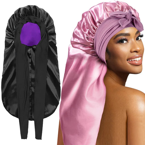 Extra Large Hair Long Silk Bonnet Cap With Elastic Satin Hair Band Comfortable Head Cover Night Sleep Hat For Sleeping Shower