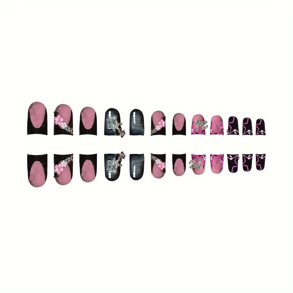 24pcs Short Duck Shaped False Nails Y2k Punk Style Rose Pink Black French Tips Press On Nail Diamond Star Flower Decor Fake Nail