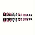 24pcs Short Duck Shaped False Nails Y2k Punk Style Rose Pink Black French Tips Press On Nail Diamond Star Flower Decor Fake Nail