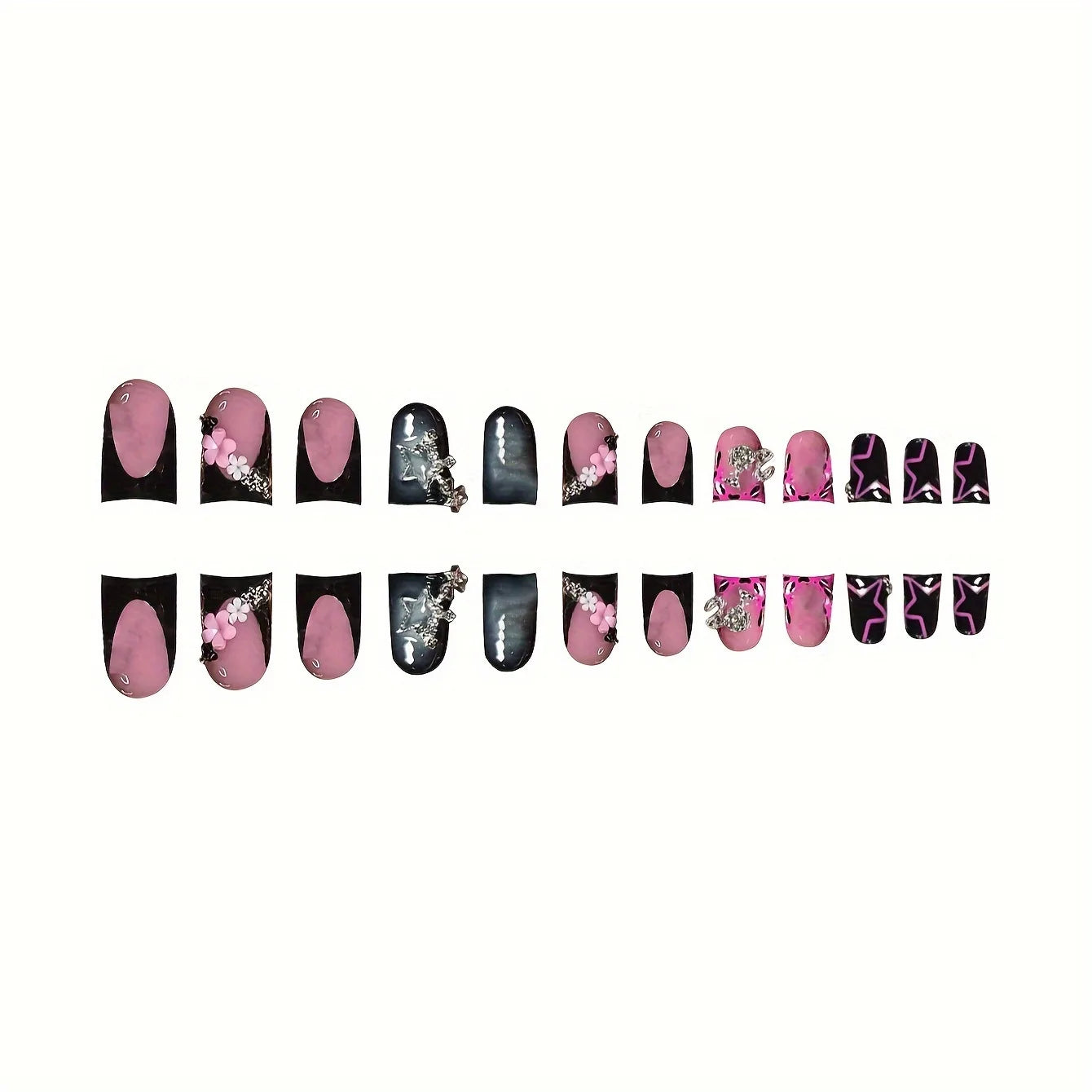 24pcs Short Duck Shaped False Nails Y2k Punk Style Rose Pink Black French Tips Press On Nail Diamond Star Flower Decor Fake Nail