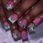 24pcs Short Duck Shaped False Nails Y2k Punk Style Rose Pink Black French Tips Press On Nail Diamond Star Flower Decor Fake Nail