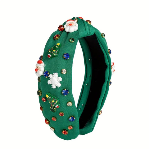 Holiday Christmas Headband - Wide ligature design, sparkling rhinestones, Santa Claus and snowflake pattern