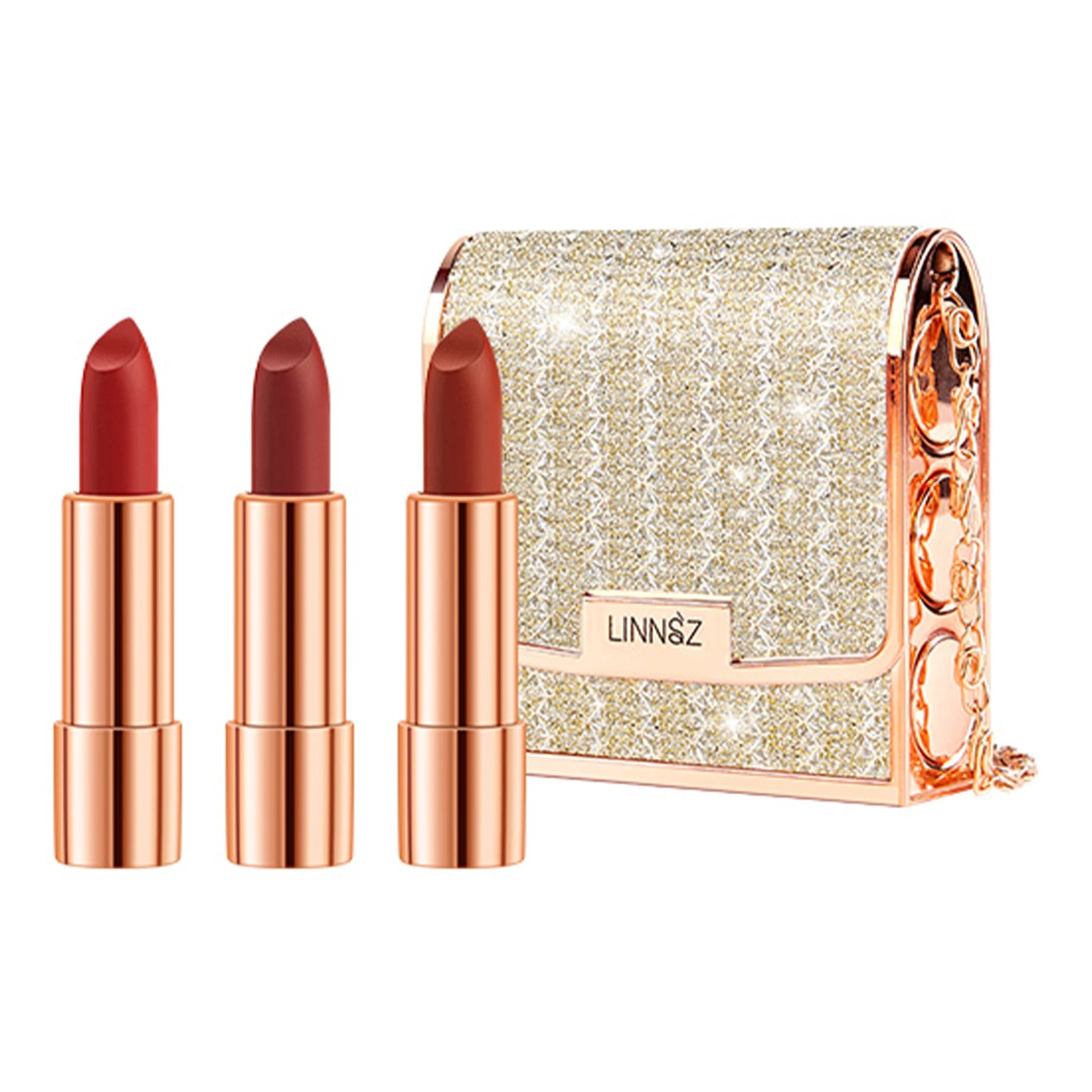 Matte Lipstick Set 3 Colours with Silver Chain Shining Bag Waterproof Non-Stick Long Lasting Red Lip Makeup 3.5gx3pcs