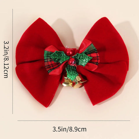 2Pcs Christmas Red Bow Hair Clips With Small Bell For Girls Plaid Pattern Velvet Bow Hairpins Xmas Party Hair Accessories Gifts