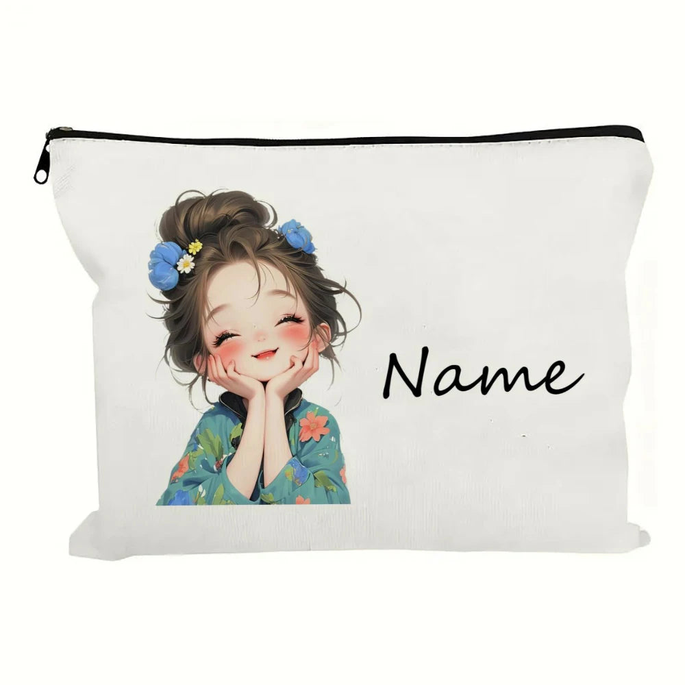Custom Name Vintage Cute Girl Pattern Makeup Bag Handbag Toiletry Bag Pencil Case Holiday Gift Cosmetic Bag
