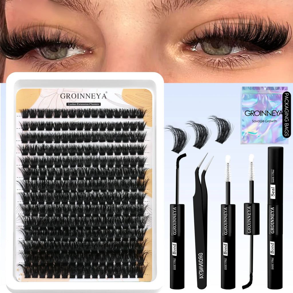 GROINNEYA Lash Clusters Kit With Waterproof Strong Hold DIY Lash Extension Kit Lash Bond And Seal And Eyelash Tweezers Makeup