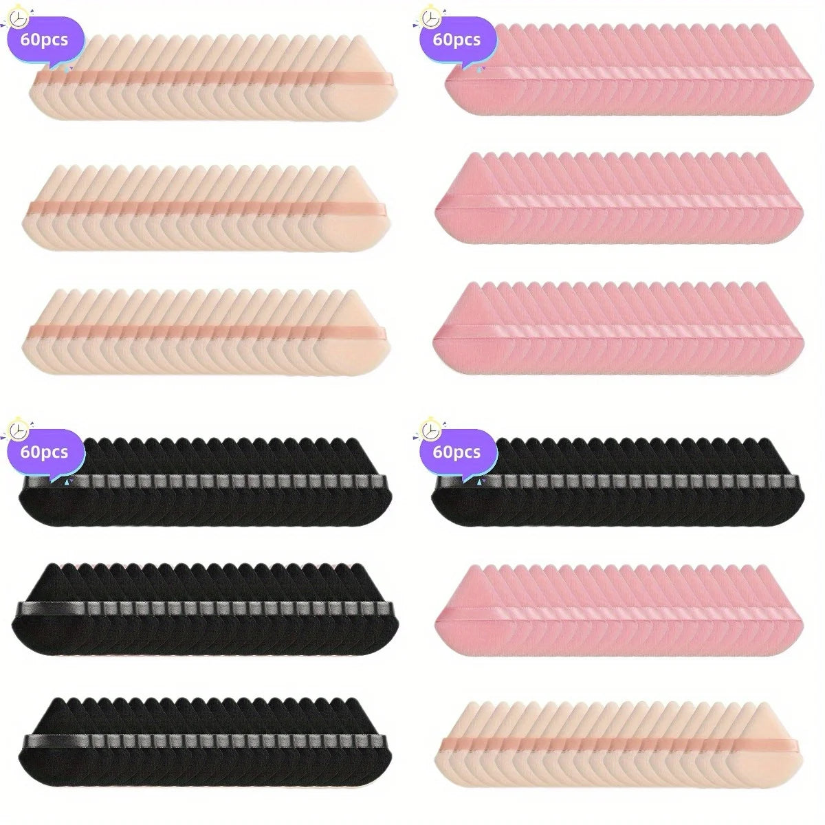 60Pcs Velour Powder Puff Set - Triangle Face/Body Blenders for Loose Powder & Foundation| Ultra Contour Sponges for Eyes/Corners
