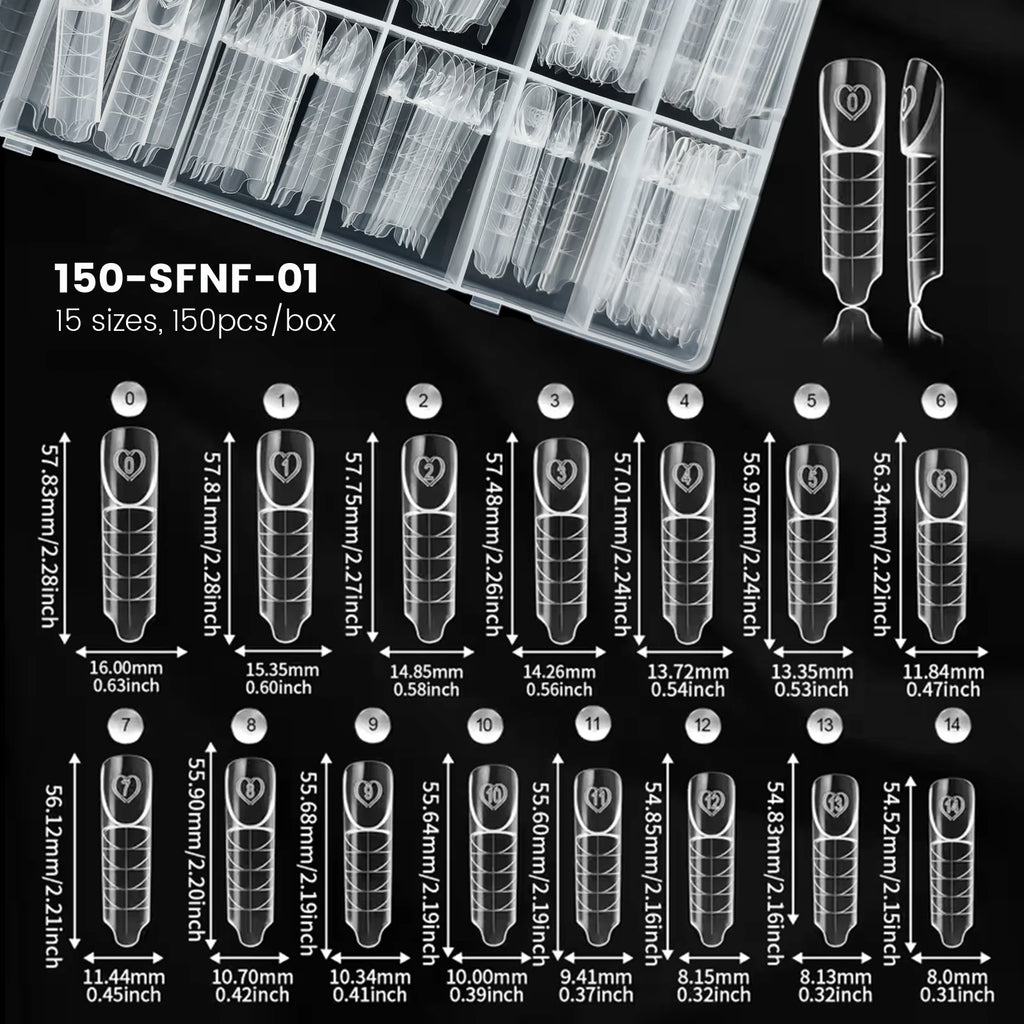 150Pcs Space French Nail Dual Forms Clear Nail Extension 15 Sizes Nail Forms Reusable Nail Tips For Gel Manicure DIY Salon Tools