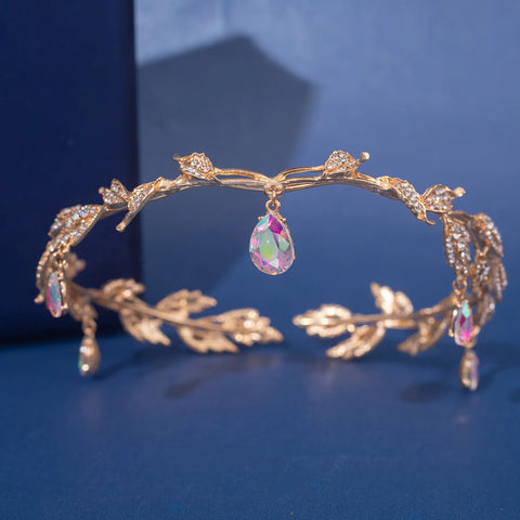 Vintage Crystal Rhinestone Waterdrop Leaf Tiara Crown Headband Wedding Hair Accessories Frontlet Bridesmaid Bridal Hair Jewelry