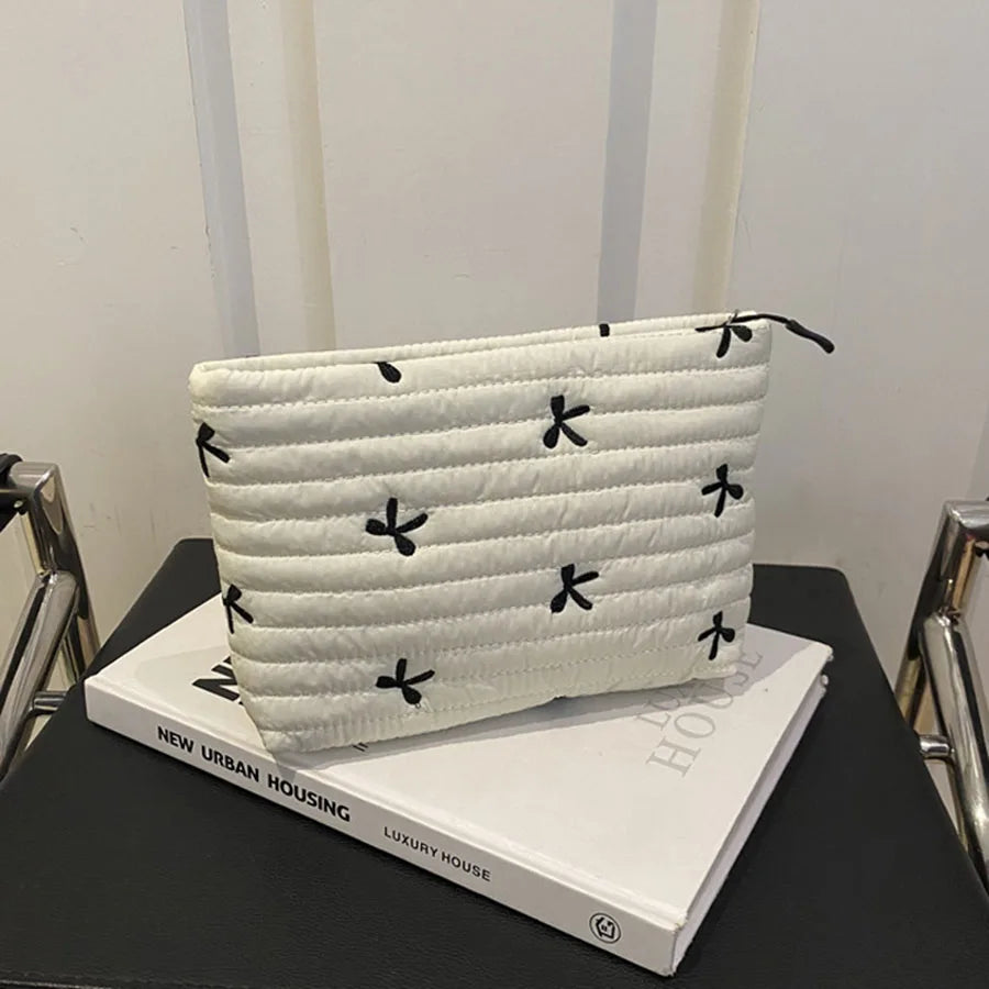 Cute Makeup Bag with Zipper Large Capacity Cosmetic Bag Embroidery Bow Wash Storage Bag