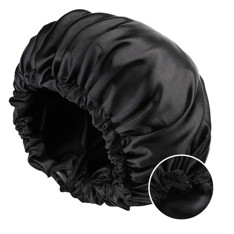 Adjustable Double Layer Satin Bonnet Nightcap Doubleside Women Round Shower Caps Night Sleep Polyester Hat Solid Black Lining