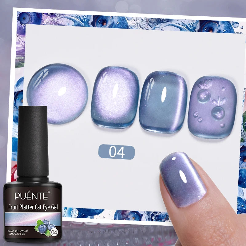 PUENTE 7.5ML Blue Laser Cat Magnetic Gel Nail Polish Sparkling Holographic Rainbow Cat Eye Gel Soak Off UV/LED Nail Art Varnish