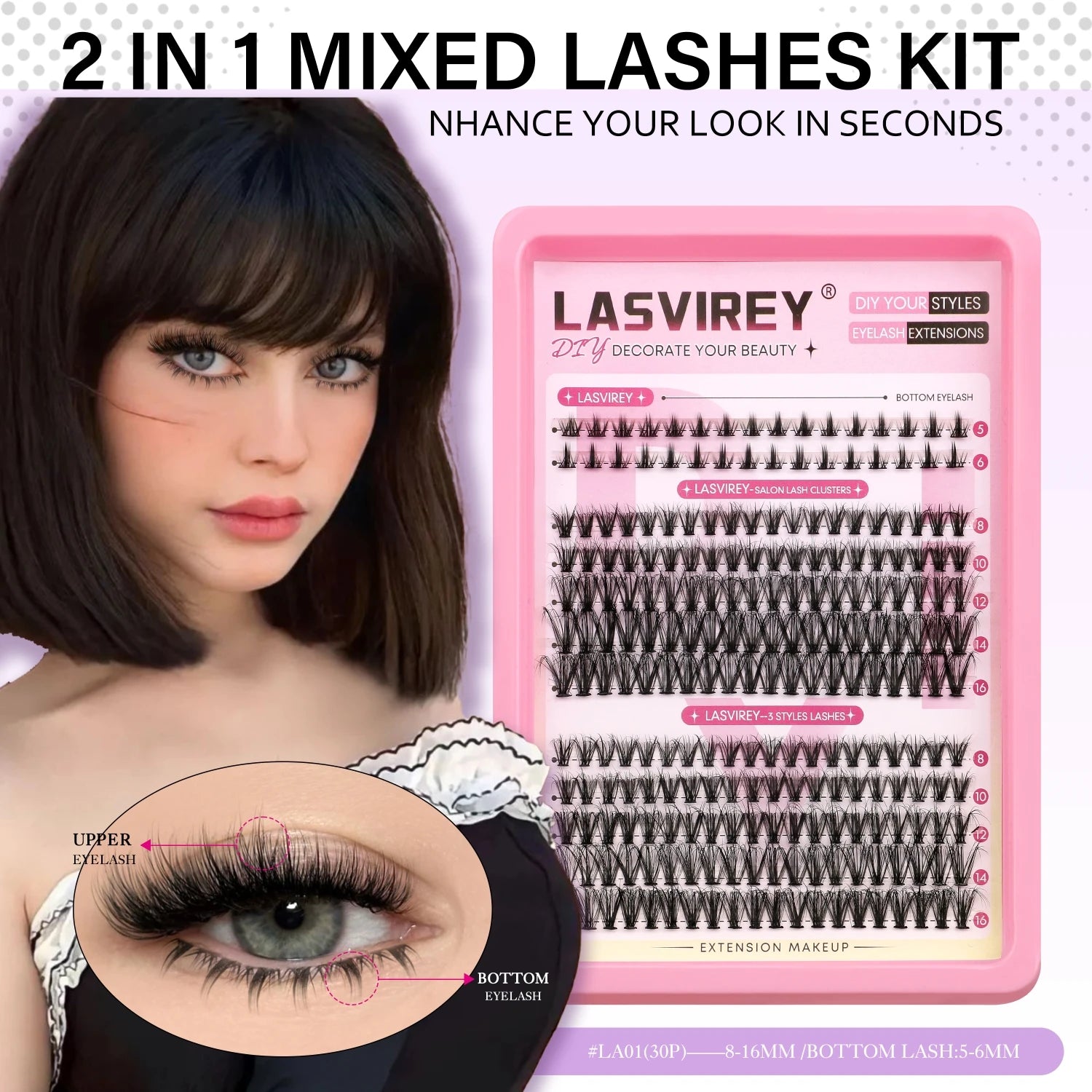 Lasvirey DIY Lashes Kit Fluffy Lash Clusters Kit Mixed Individual Eyelashes with Bottom Lashes Extension Cluster Lashes Makeup
