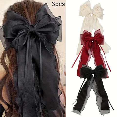 1Pcs Lace Hair Bow Clip Coquette Bow Barrettes with Long Tail Ribbon for Women Christmas Valentines Wedding Prom Accessories