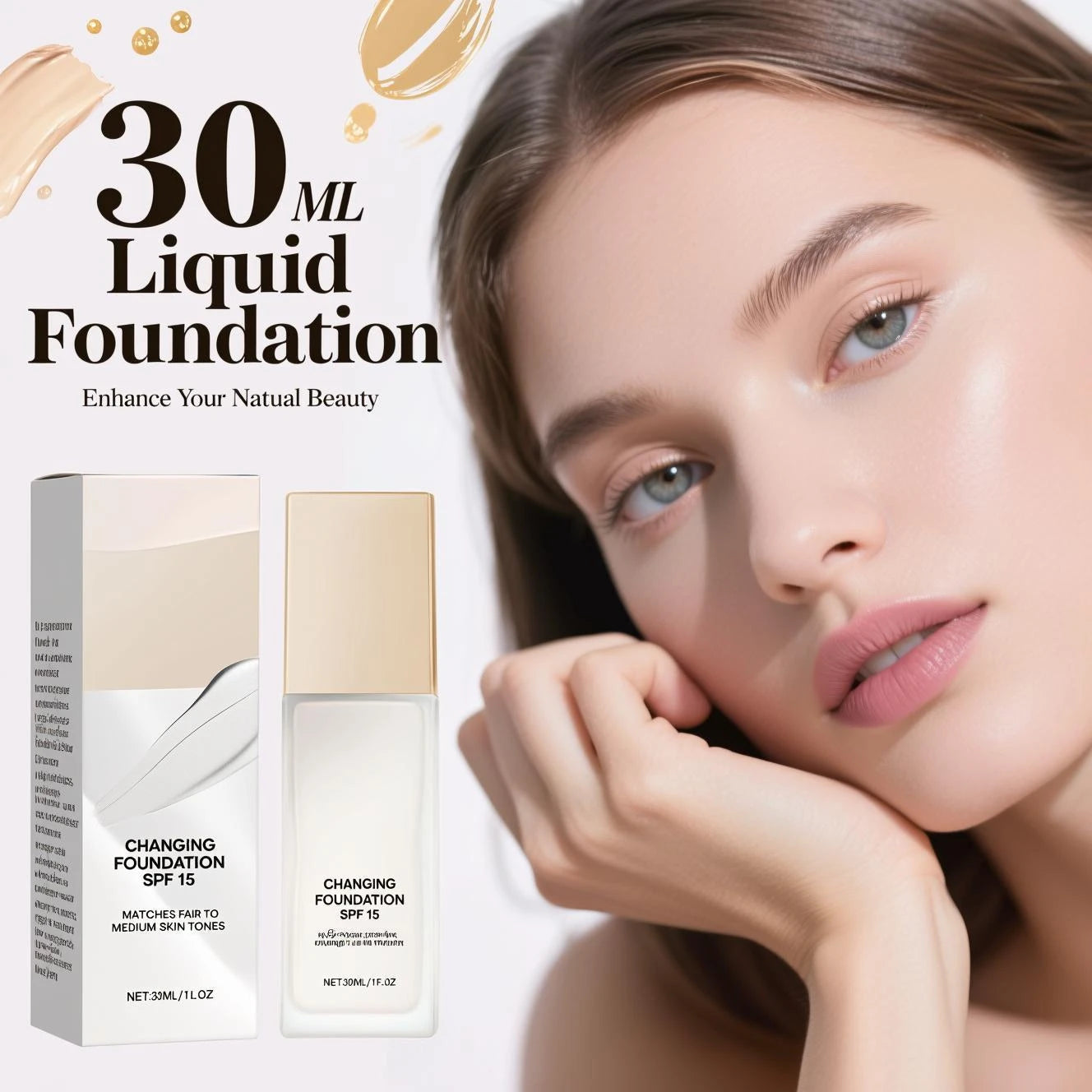 Changing Foundation SPF 15 - 50ml Lightweight Liquid Makeup for Fair to Medium Skin, Hydrating Natural Coverage with Hyaluronic