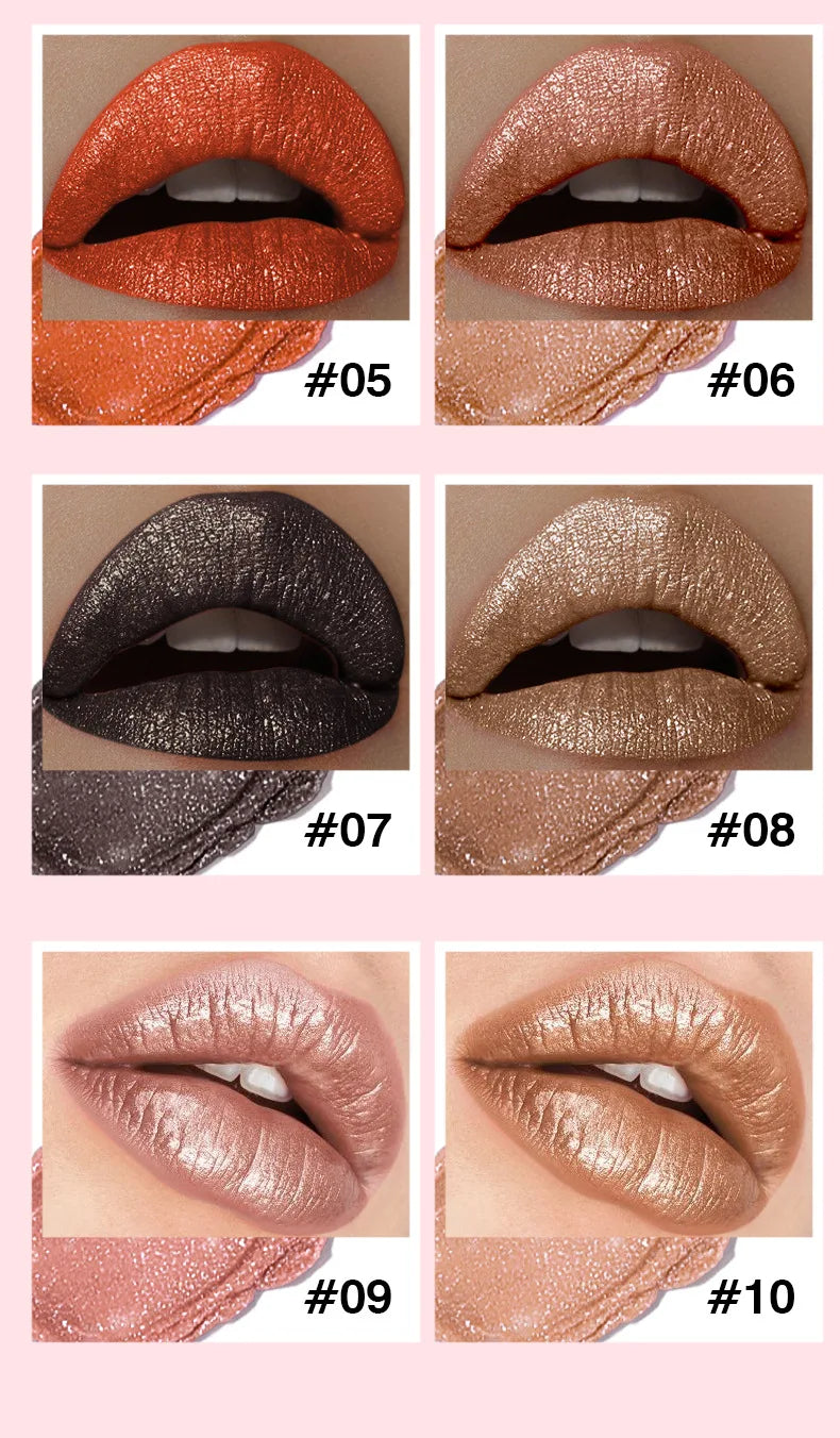 Shimmery Diamond Lipstick 10 Shades Waterproof Glittery Non Transfer Red Lip Tint Smooth Long Wear Pearly Lipstick