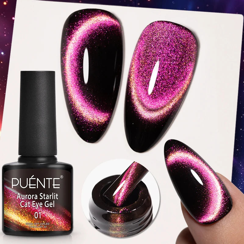 PUENTE 7.5ML Blue Laser Cat Magnetic Gel Nail Polish Sparkling Holographic Rainbow Cat Eye Gel Soak Off UV/LED Nail Art Varnish