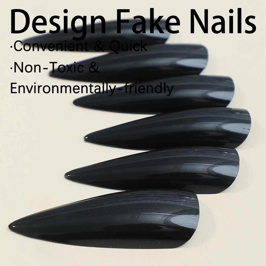 24pcs Long Pointed Fake Nail Patches Glossy Dark Black Cool Wearable Press ON Nails Solid Color Full Cover Artificial False Nail